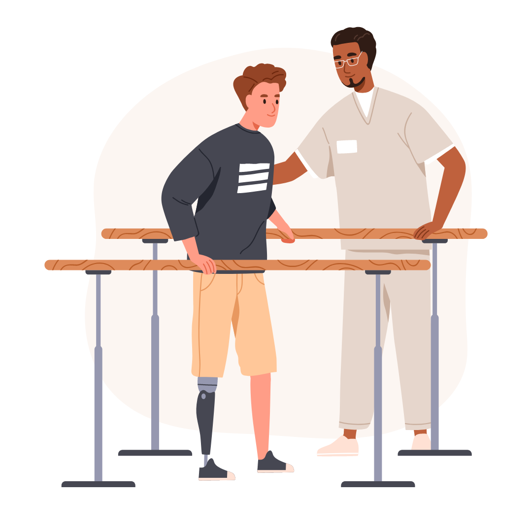 Physiotherapeut unterstützt Patienten mit Prothese beim Gehtraining