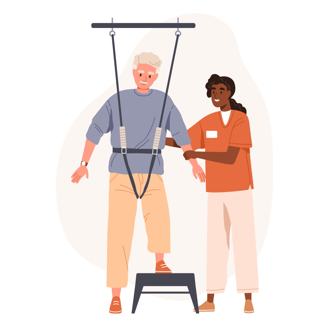 Physiotherapeutin begleitet Patienten beim Gleichgewichtstraining mit Sicherheitsgurt